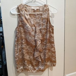 LOFT Sleeveless, V-neck, Tan & Cream Blouse w/ Ruffles, Size XS